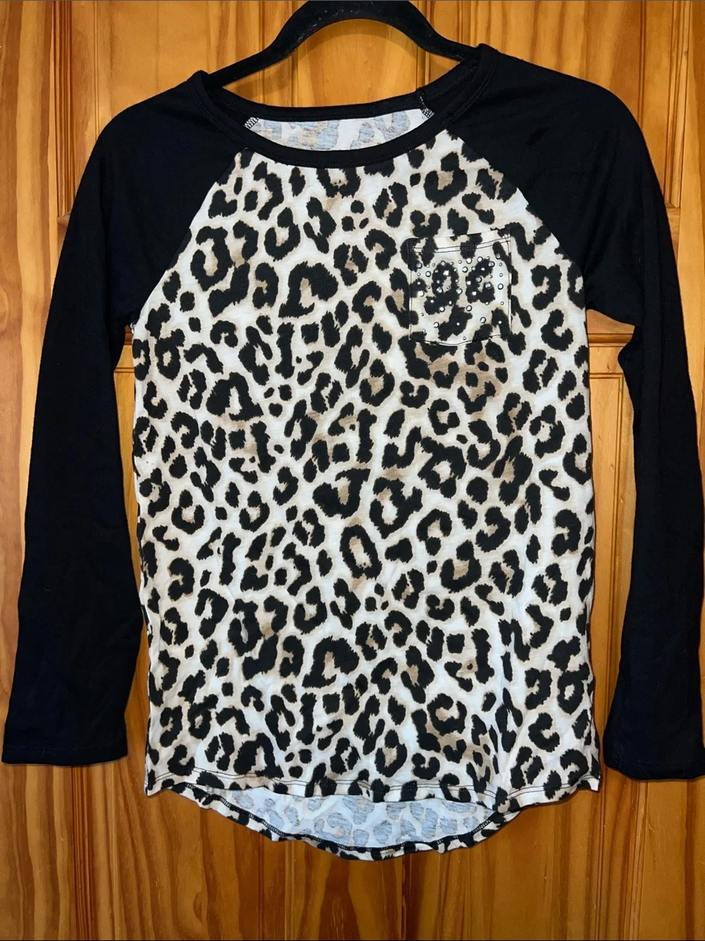 Justice Black Raglan Leopard Print Long Sleeve Tee with Rhinestone Pocket